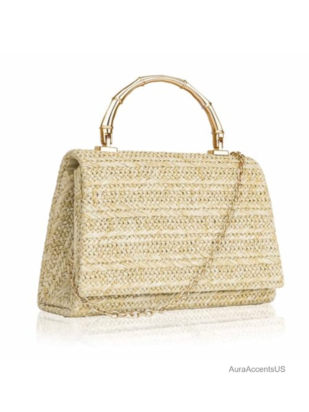 Woven Straw Evening Clutch with Detachable Chain Strap